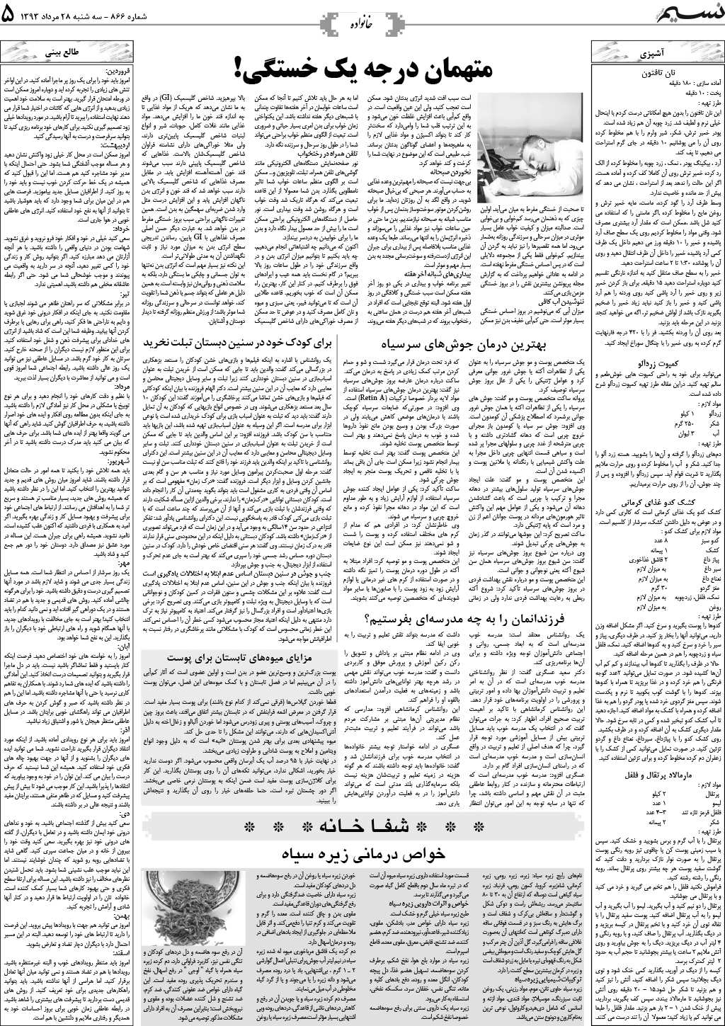 صفحه خانواده روزنامه نسیم شماره 866